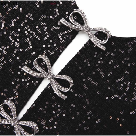 Self Portrait Black Boucle Bow Mini Dress Size 6 - Picture 5 of 12